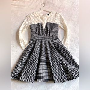 Long Sleeve Lace Ruffled A-Line Checkered Dress